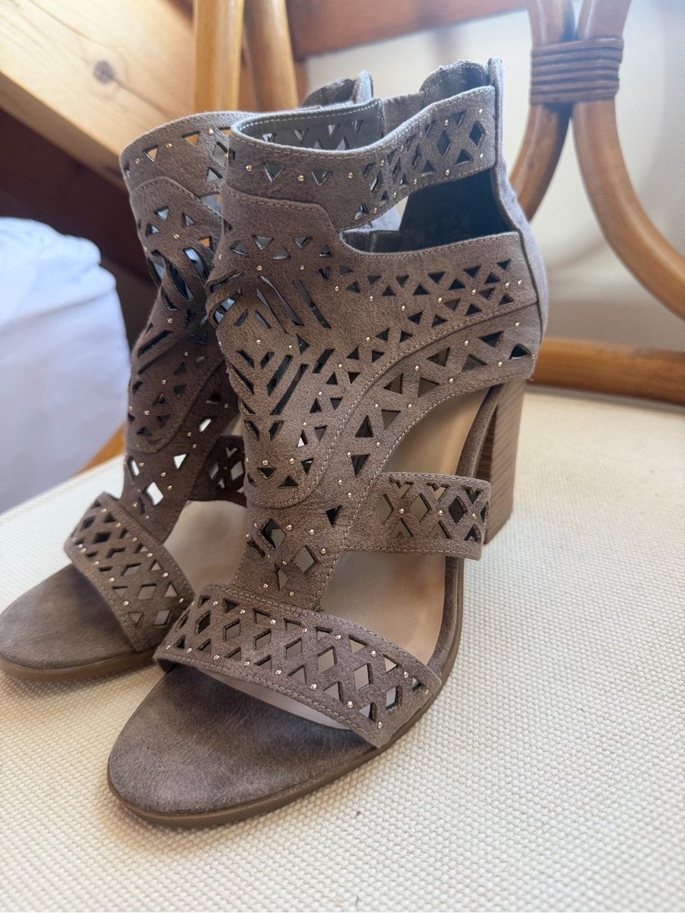 Fergalicious Taupe Cutout Suede Block Heel Sandals